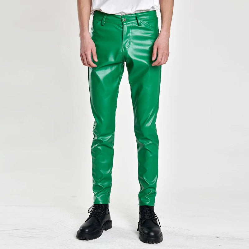 New Fall Collection: Men's Purple PU Pants—Fitted Faux Leather Motorcycle Trousers Available in Black,Blue,Green,Red,Gray,Khaki.
