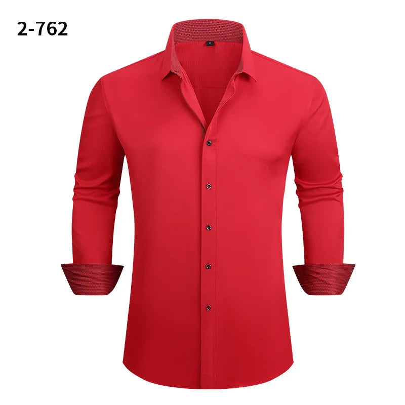 Men's Black Long-sleeve Stretch Shirt, Red Patchwork-trimmed Shirts, Commuter-style Single-Breasted Lapel Tops.