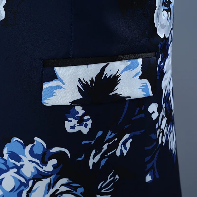 Men's Blue Printed Two-Piece Set, White Slim Fit Dress Jacket and Pants, Single Button Black Blazer Coat with Trouser.New 2026