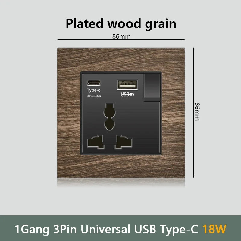 Retro Wood grain Wall Light Switch,18W Fast Type C Wall 220V Power Outlet plug,EU FR European Electrical socket with USB Charger