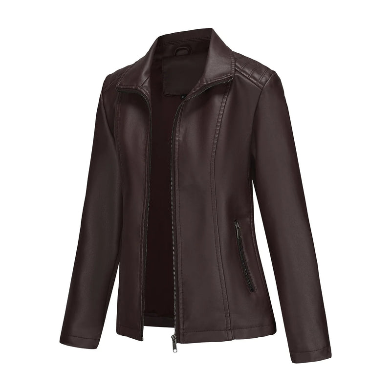 2026 Women’s Stylish Brown Faux Leather Jacket - Slim Fit, Trendy Moto Style with Zipper Detail PU Coat.