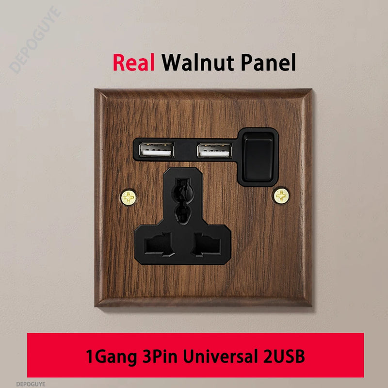 Black Retro Walnut Wall Toggle Switch Panel 1-4Gang 2Way Solid Wood Double EU/FR Socket Universal Usb C Electrical Power Outlet