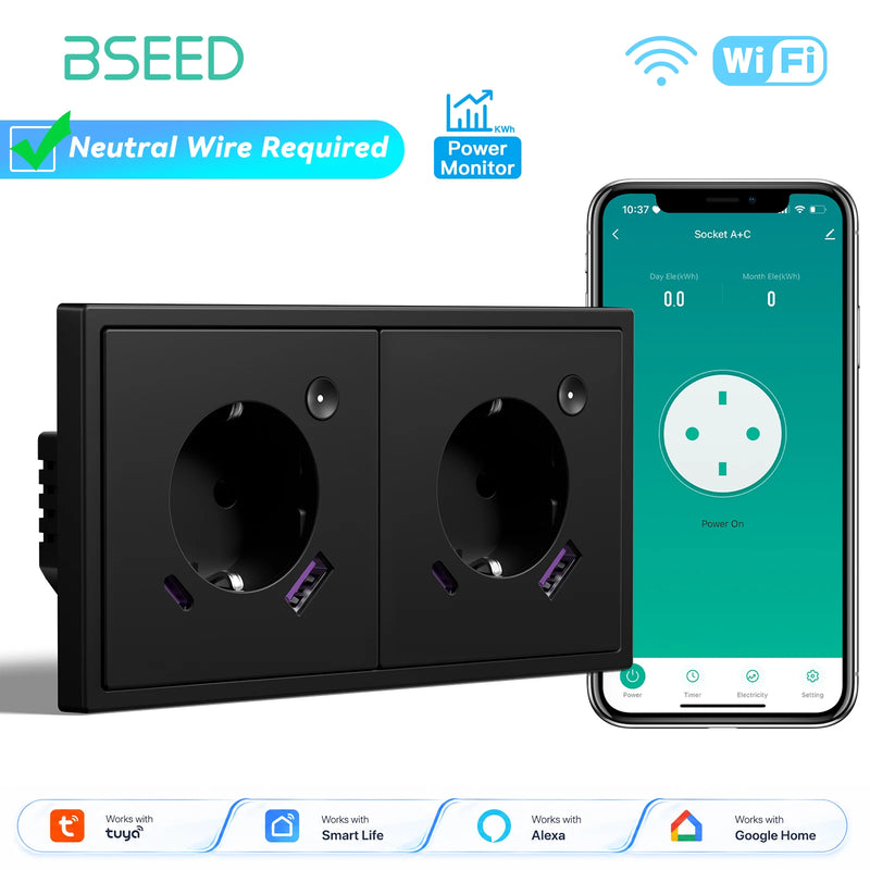 BSEED E Series WIFI Wall Socket Smart Power Monitor Socket 20W USB Type-C Charge Port Plastic Frame Tuya Smart Life Control