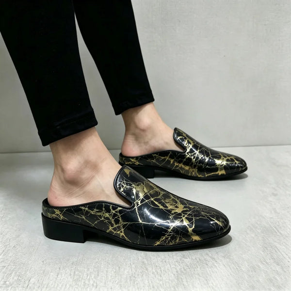 Men's Patent Leather Mule Loafers Backless Slip on Dress Shoes Low Block Heel Pointed Toe Slippers Party Wedding Formal Footwear