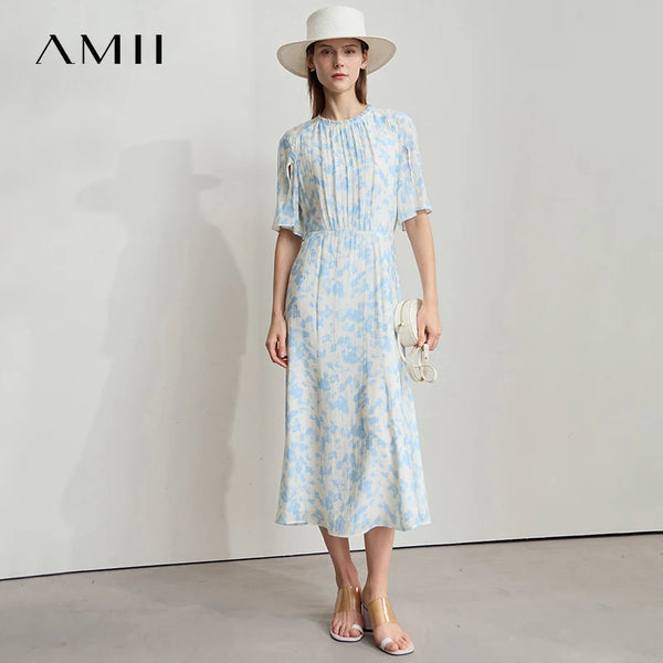 AMII រ៉ូបវែងដៃខ្លីបោះពុម្ពបែបសាមញ្ញសម្រាប់នារីទាន់សម័យឆ្នាំ ២០២៦ រ៉ូបថ្ងៃកំណើតកមូលបែបប្រណីត 12522153