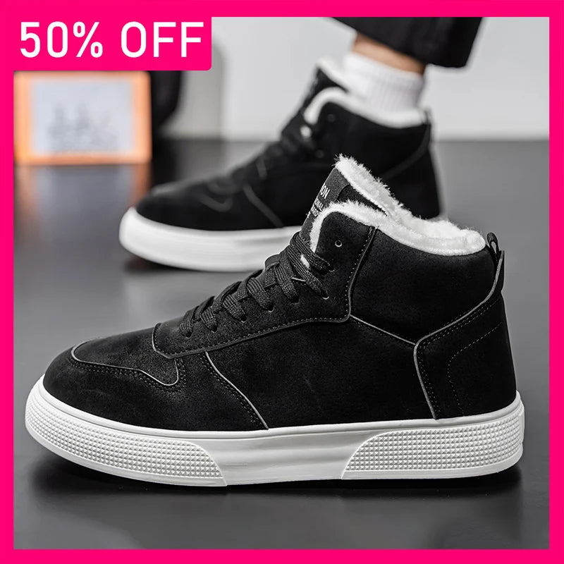 Men Board Shoes Winter New Plush Leather Non-slip Fashion Versatile Outdoor Walking Shoes Comfortable Warm Casual Shoes Man