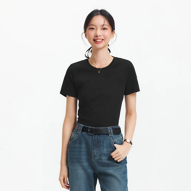 Semir Slim Fit Tshirt Women Summer Solid Color Basic Crew Neck White Cool Touch Casual Comfortable Fashion Slim Top