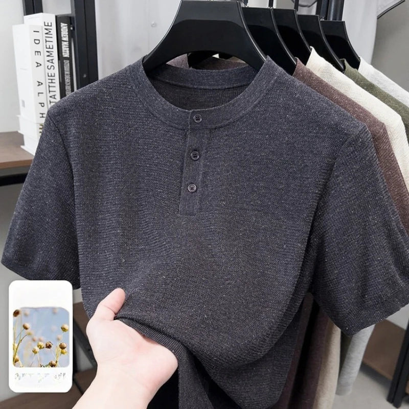 Breathable Men's Linen Blend Short Sleeve Henley - Tencel Ribbed Knit | Summer Casual Solid Color Tee