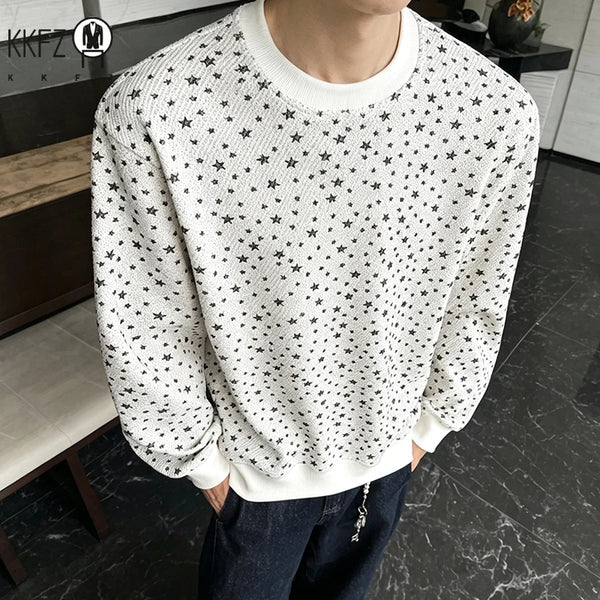 Mens Casual Loose Long Sleeve Pullover Top Crew Neck Star Allover Print Sweatshirt Soft Fabric Daily Wear