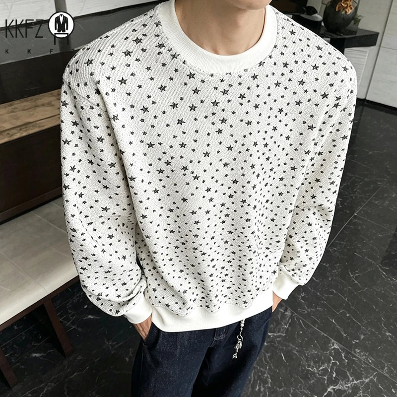 Mens Long Sleeve Crew Neck Star Print Pullover Soft Fleece Relaxed Fit Fabric Casual Street Top For Autumn