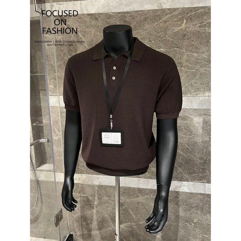 Men's Polo Shirt Knit Short Sleeve Casual Top Solid Color Stretchable Business Casual Top, Summer Pullover Knit Sweater