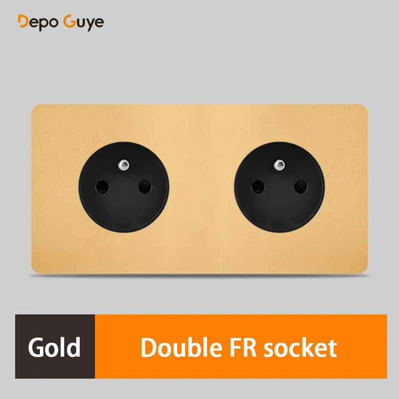 172 Type Retro Double EU French Metal Wall Power Socket Panel,Black/White Brushed Stainless Steel Antique Outlet Brass For Home