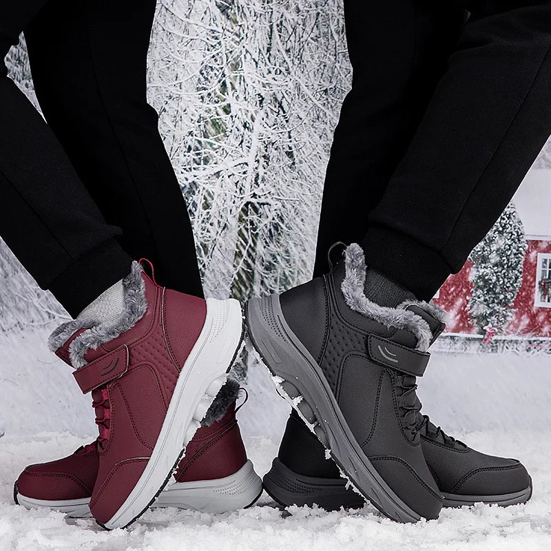 Winter Plush Lined Elderly Shoes PU Leather Non-Slip Rubber Adjustable Strap Warm Snow Boots Comfort Walking Shoes for Elderly