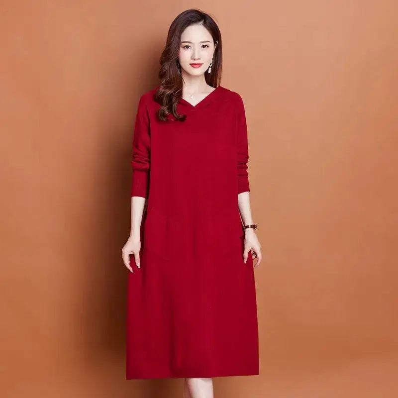 Hooded Long Sleeve Dress New Knit Woolen Jersey For Women Spring Autumn Pullovers Sweater Casual Middle Aged Mother's Jumper
