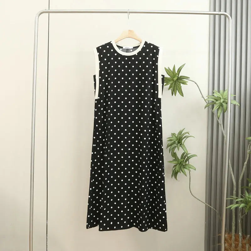 Large Size Cotton Silk Sleeveless Dress Women's Loose Polka Dots Leopard Print Nightdress Loungewear Round Neck Nightgowns