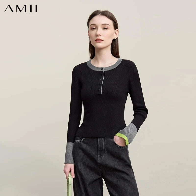 Amii Women's Autumn Commuter Sweater 2026 New Round Neck Contrasting Color Knitted Sweater Button Half-placket Slim Top 12621047