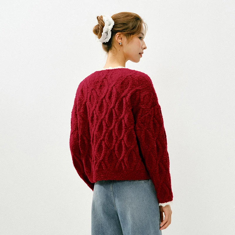 Semir Red Sweater Women 2026 Spring Short Cable Knit Ruffle Loose Slouchy New Year Style Casual Fashion Pullover Top