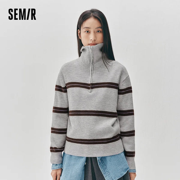 អាវយឺត Semir សម្រាប់នារី លំនាំឆ្នូត ពាក់កណ្ដាលហ្ស៊ីប រលុង ស្ទីលបែប Retro ទន់ ពាក់ជាស្រទាប់ៗសម្រាប់រដូវរងា ឆ្នាំ២០២៦ ស្លៀកជាប្រចាំថ្ងៃ ពាក់ជាស្រទាប់ៗ ក្តៅៗ