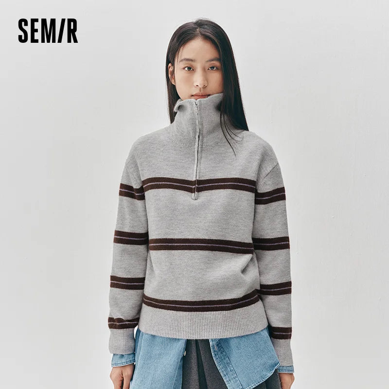 Semir Women Sweater Stripe Pattern Half Zip Loose Fit Retro Style Soft Touch 2026 Winter Layering Wear Warm Knit Everyday Style