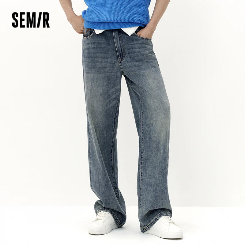 Semir Men Jeans Elastic Waist Wide Straight Embroidered Pocket Retro 2026 Autumn Soft Denim Pants Casual Daily Wear Style