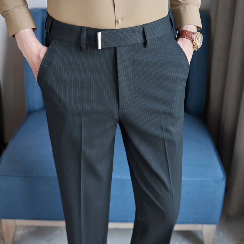 2026 Men's Slim Fit Striped Dress Pants Brown Formal Business Suit Trousers for Office And Wedding Wear High-Quality