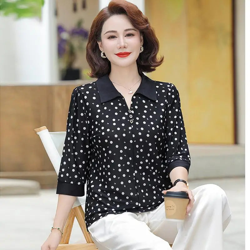 អាវសូត្រទឹកកកសម្រាប់នារី កអាវបើកចុះ រចនាបថម៉ាក់រដូវក្តៅ អាវសូត្រទឹកដោះគោផ្កា អាវយឺតសម្រាប់វ័យកណ្តាល