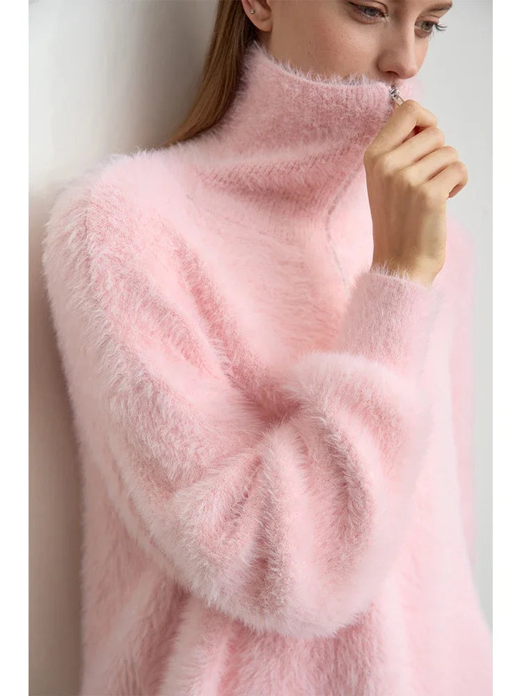 Amii 2026 Winter Women's Clothing Turtleneck Zipper Mink Sweater Winter Loose Shoulder Sleeve Pullovers Knitted Tops 12444250