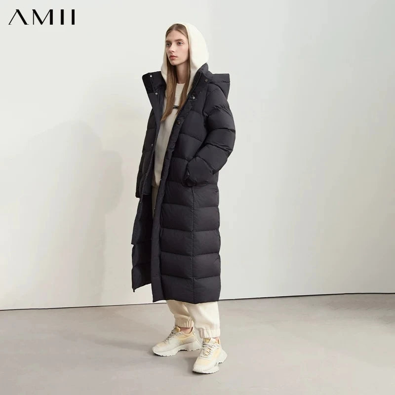 អាវរោមសត្វ Amii Minimalist សម្រាប់នារី មួកដែលអាចដោះចេញបាន ការបោះពុម្ពអក្សរ 2026 អាវរោមសត្វវែងរដូវរងាថ្មី អាវរោមសត្វក្តៅ និងរលុង 12444049