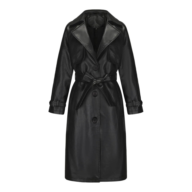 Women's Beige Loose Lace Up Long Leather Jacket,Black Single Breasted Lapel PU Coats,Brown Camel Available, European Size Tops