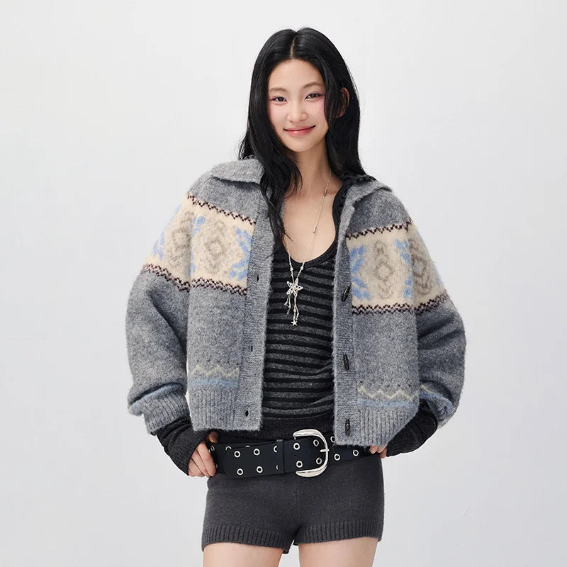 Semir Women Knit Cardigan Geometric Jacquard Loose Fit Raglan Sleeve Vintage Style 2026 New Winter Daily Wear Everyday Wardrobe