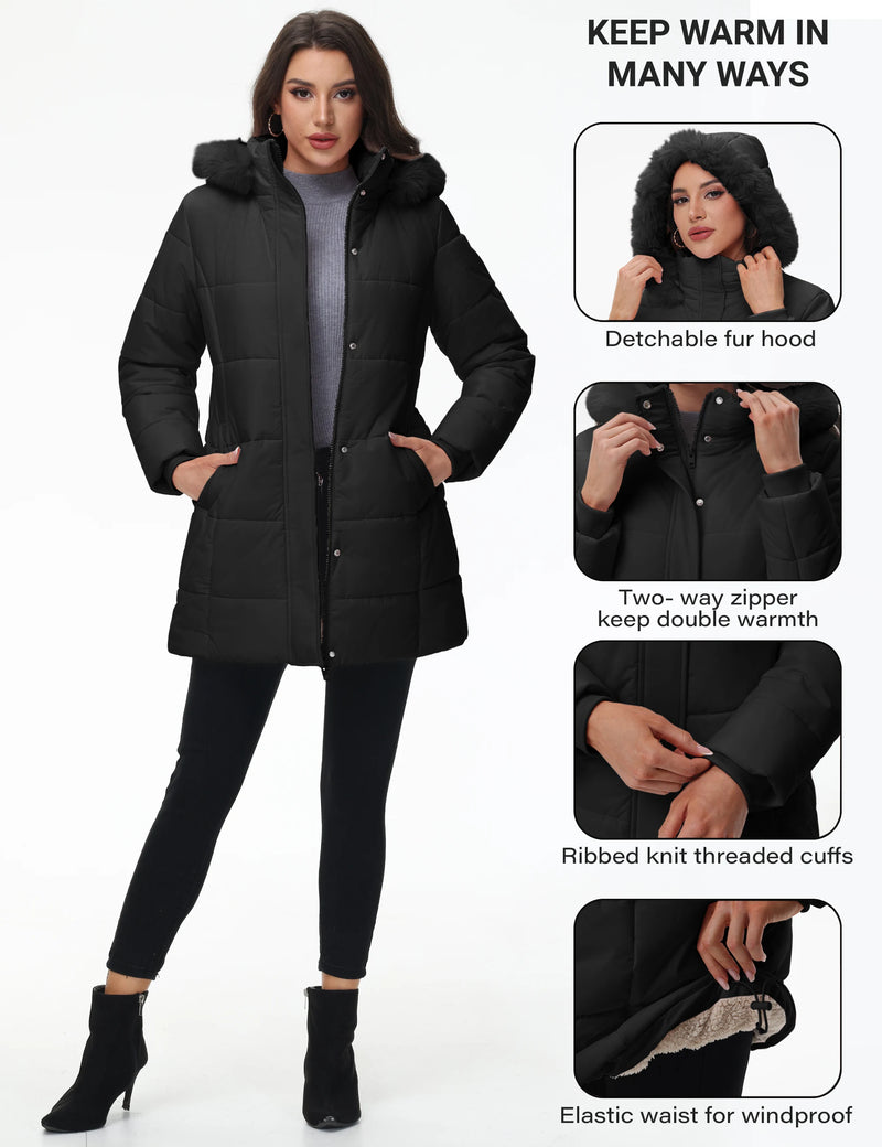 TACVASEN Womens Waterproof Long Parka Coat Shearling Fleece Lined Winter Warm Outdoor Coat Removable Hooded With 3 Pockets Coat