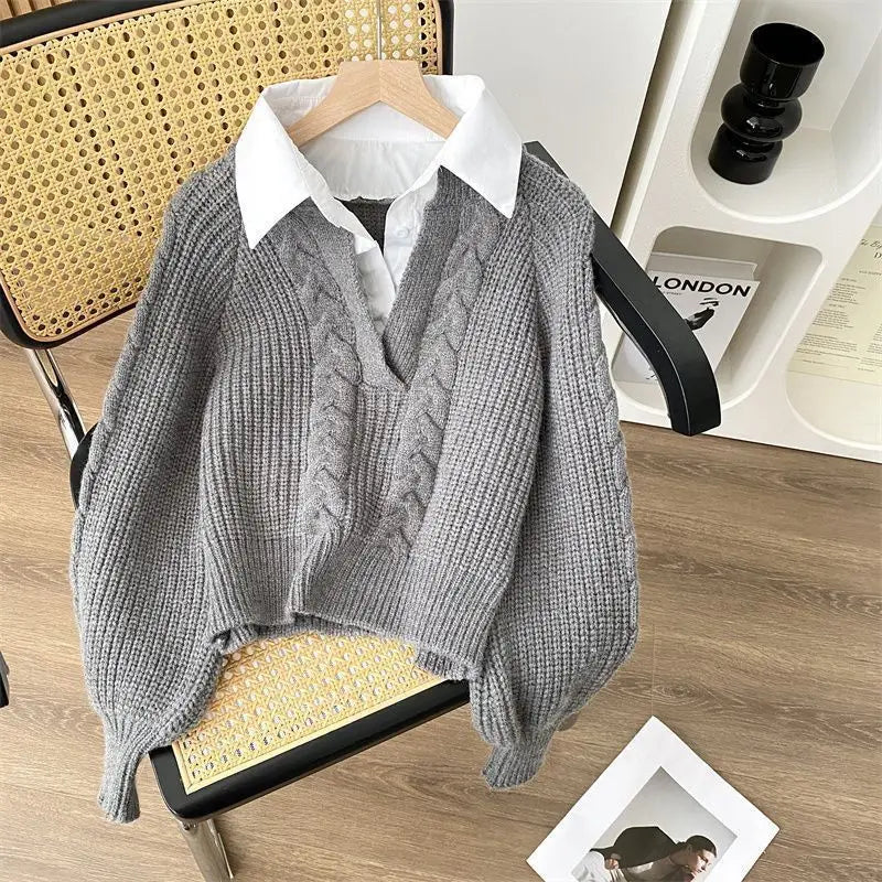 Autumn Winter Splicing Women's Outer Wear Lapel Top Knitted Sweater Fake Two Pieces Pullover Jumper Ladies Bottoming Shirt
