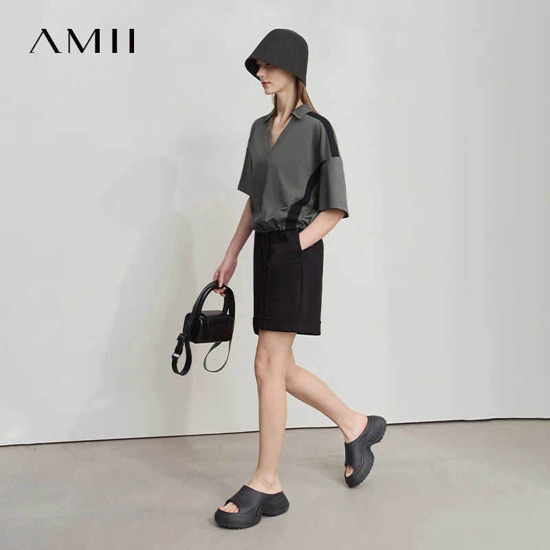 អាវយឺតកប្បាស Amii Minimalist សម្រាប់ស្ត្រីឆ្នាំ ២០២៥ រដូវក្តៅថ្មី V-Neck Pullover រលុងខ្លីស្មាដៃអាវទាន់សម័យសម្រាប់ការធ្វើដំណើរ 12552001