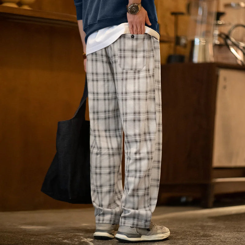 Maden Vintage Loose Fit Checkered Cargo Pants Men's Spring Lightweight Drawstring Waist Straight Trousers Casual Wide Leg Pants