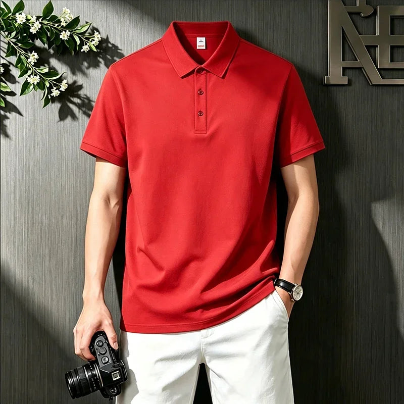 Loose Fit Short Sleeve Solid Polo For Males Turn Down Collar Button Placket Streetwear Simple Casual Wear Top