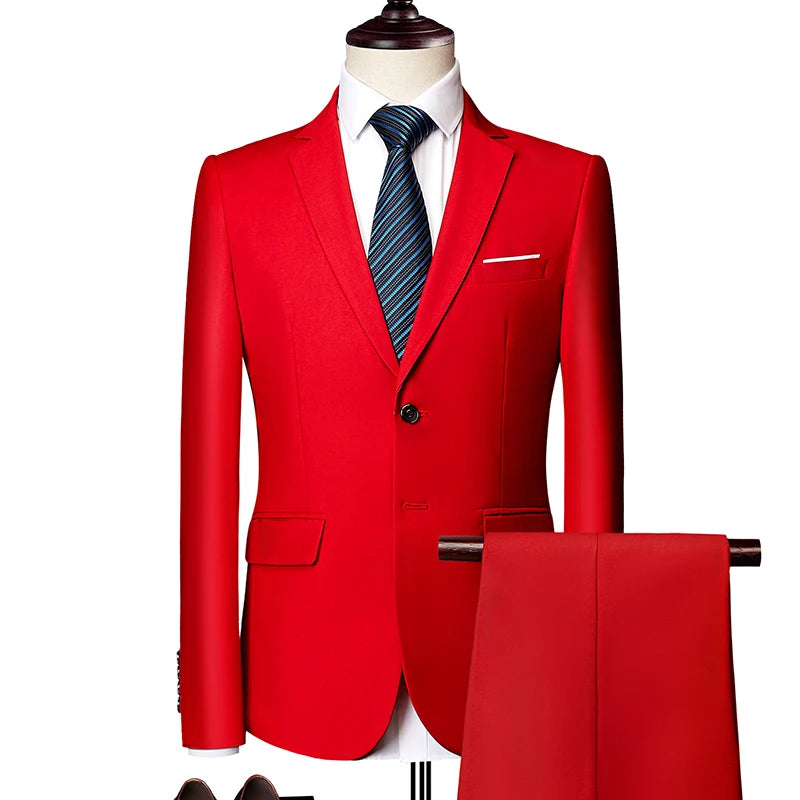 2026 New Men's 2-Piece, Dark Green Slim Fit Suit Set with Pure Color Jacket & Pants for Office/Interview/Wedding/Party/Business