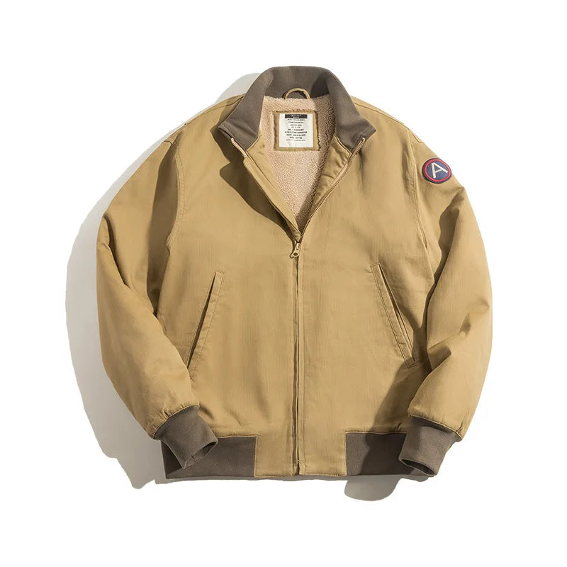 Maden Men’s Brown Flight Bomber Jackets Vintage Pilot Aviator Monocycle Jacket Slim Fit With Patches Stand Collar