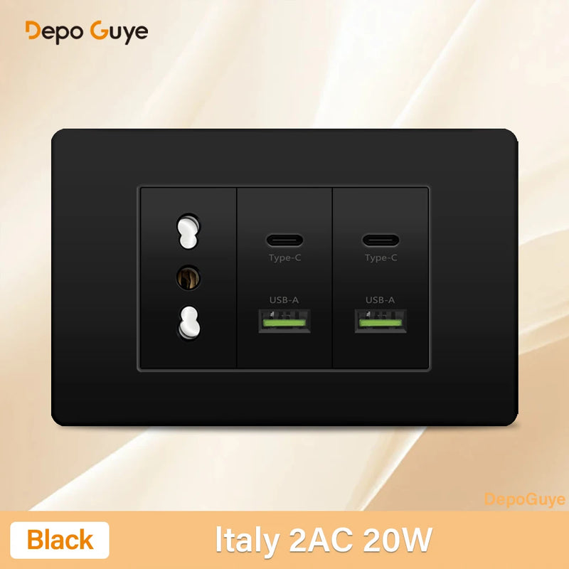Italy Chile Mexico Outlet with USB Smart Type-c 20W Fast Charging Wall plug,Brazil Electric Light Switch Dual usb Power Socket