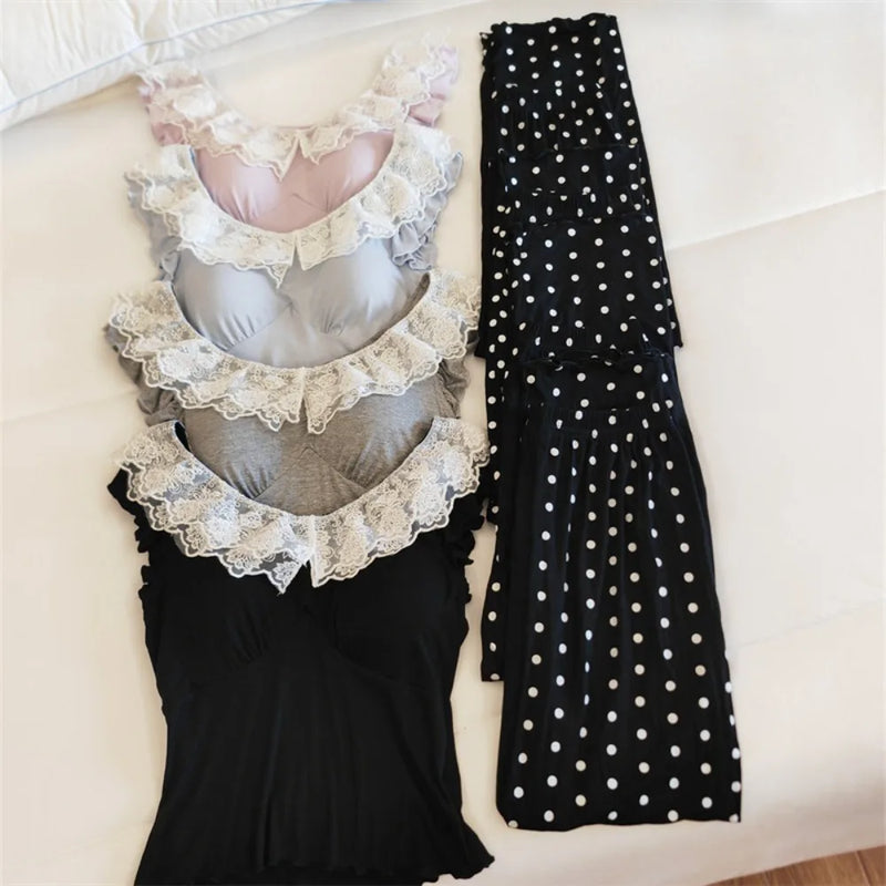 Chest Pads Summer Pajamas Set Soft Sleepwear Lounge Wear Sleeveless 2 Piece Loungewear Suit for Home Wear Pijama Woman Clothes