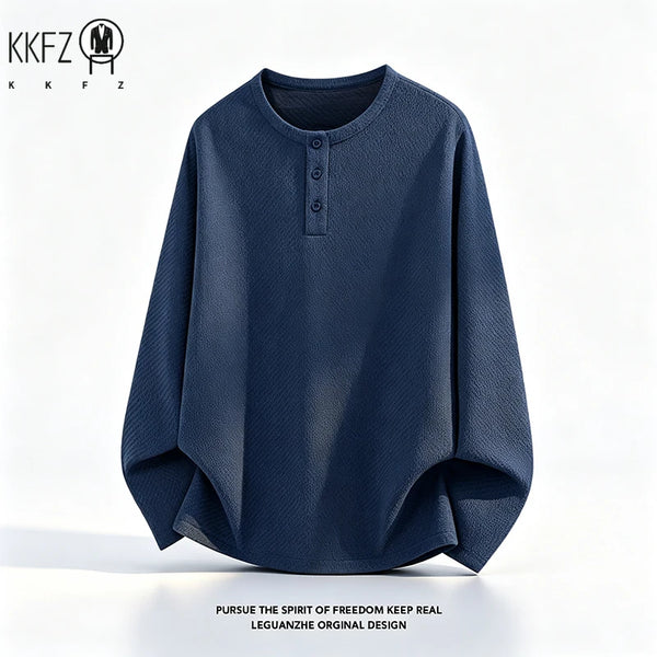 Mens Button Notch Henley Pullover Long Sleeve Waffle Knit Fabric Loose Fit For Daily And Casual Occasions