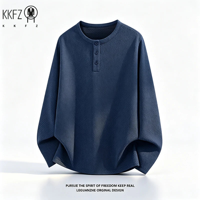 Mens Button Notch Henley Pullover Long Sleeve Waffle Knit Fabric Loose Fit For Daily And Casual Occasions