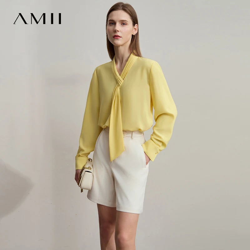 អាវ Amii Minimalist Chiffon សម្រាប់ស្ត្រី អាវតូច ក V ដៃវែង រចនាប័ទ្មធ្វើដំណើរ អាវធំត្រង់រាងបំពង់ 12511095