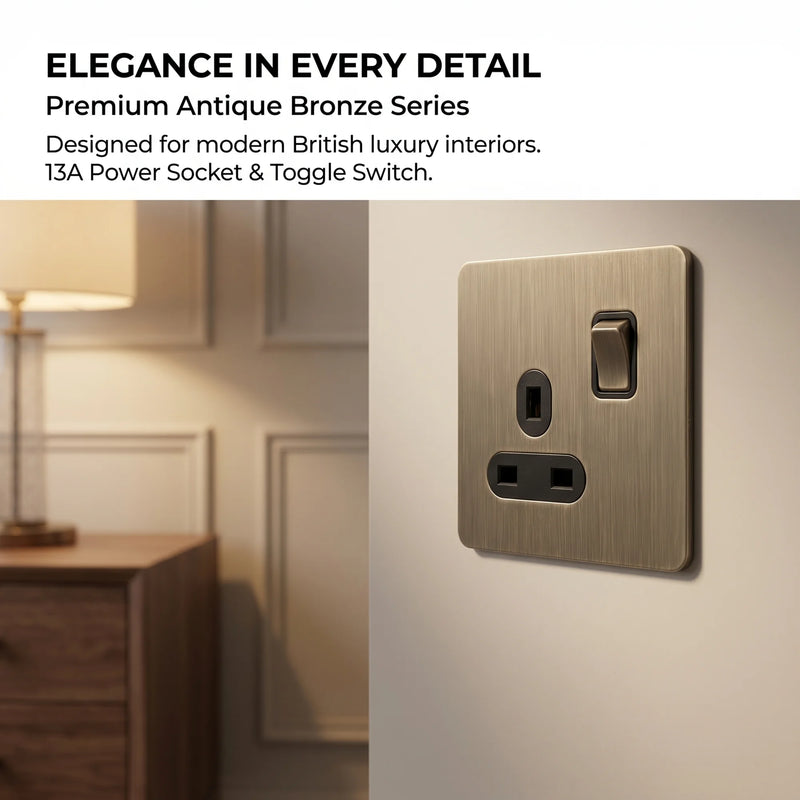 Retro Metal Brushed Antique Stainless Steel Push Button Switch Panel UK 13A Socket with USB Phone Charging for Home Improvement