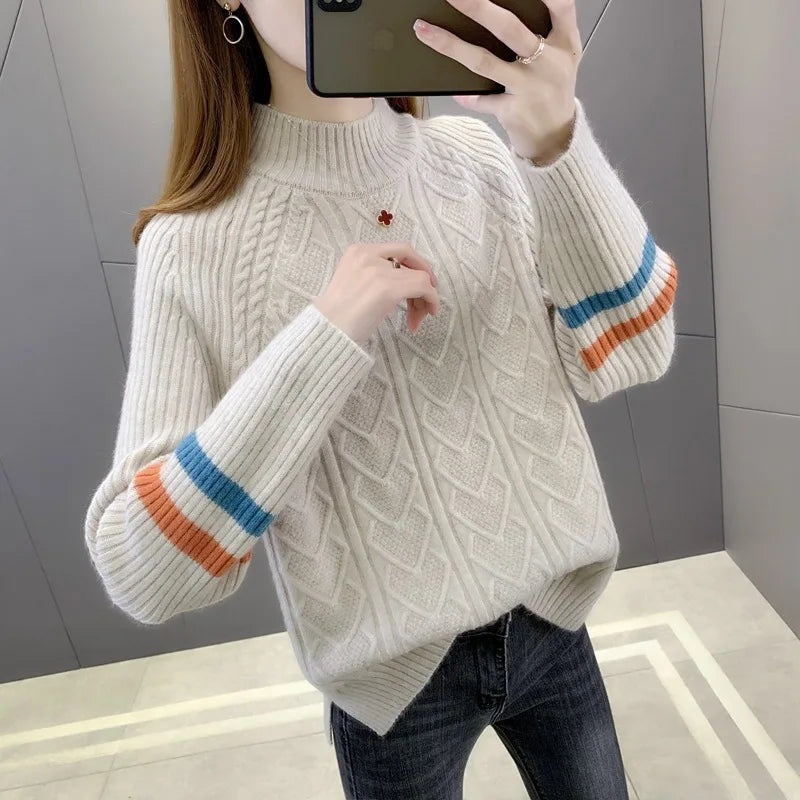 Casual Thicken Warm Pull Femme Knitwears Sueter Half High Collar Knitting Sweater For Women Autumn Winter Base Pullovers Tops