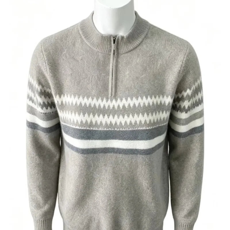 Men's Half-Zip Mock Neck Knit Sweater Fashion Geometric Pattern Casual Business Pullover Autumn Winter Warm Pullover
