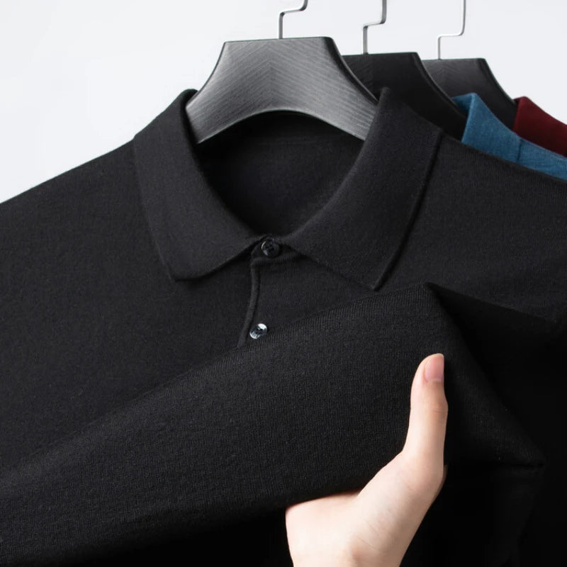 Solid Color Men's Wool Long-sleeve Shirt, Daily Autumn and Winter Warm Sweater, Business Casual Polo Shirt,Stretchable M-4XL