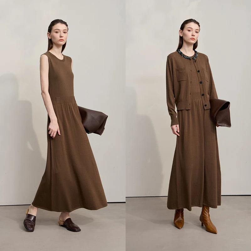 AMII Midi Dresses 2026 Autumn New Knitted Cardigan Sleeveless Long Dress Round Neck Solid Elegant Loose Ladies Clothing 12543209