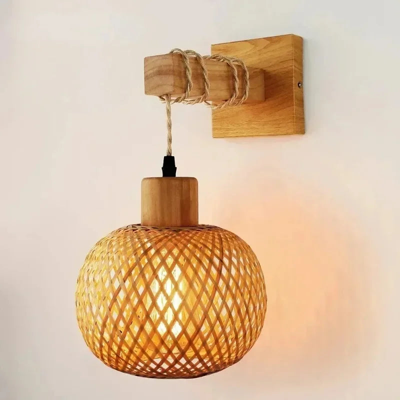 Plug-in Retro Wabi-sabi Bamboo Woven Bedside Wall Lamp Dining Room Rattan Lamp Bedroom Balcony Rural Indoor Background Wall