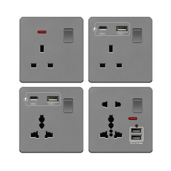 រន្ធដោតជញ្ជាំងប្រភេទ USB ប្រភេទ C ពណ៌ប្រផេះ ពណ៌ប្រផេះ សម្រាប់សាកថ្មលឿន រន្ធដោត USB ប្រភេទ C 3.1A ជាសកល បន្ទះបិទបើកភ្លើងសម្រាប់ម៉ាស៊ីនកម្តៅទឹក