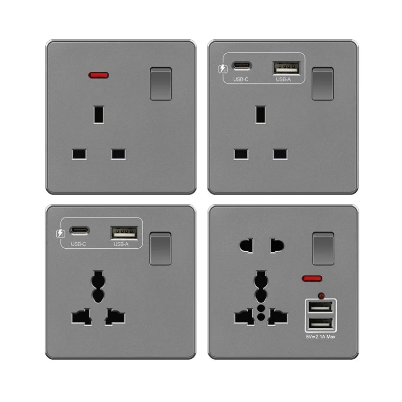 Grey UK USB Plug type c 18W Fast Charging Wall Socket, Universal 3.1A USB C socket, Water heater electrical light switch panel